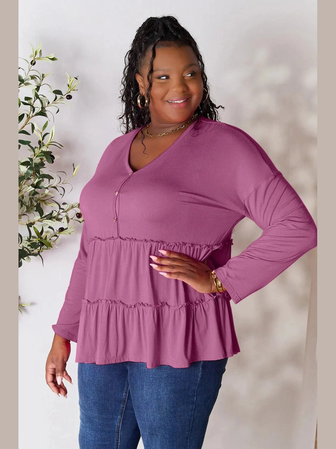 Double Take Half Button Long Sleeve Ruffle Hem Blouse nicholesgifts