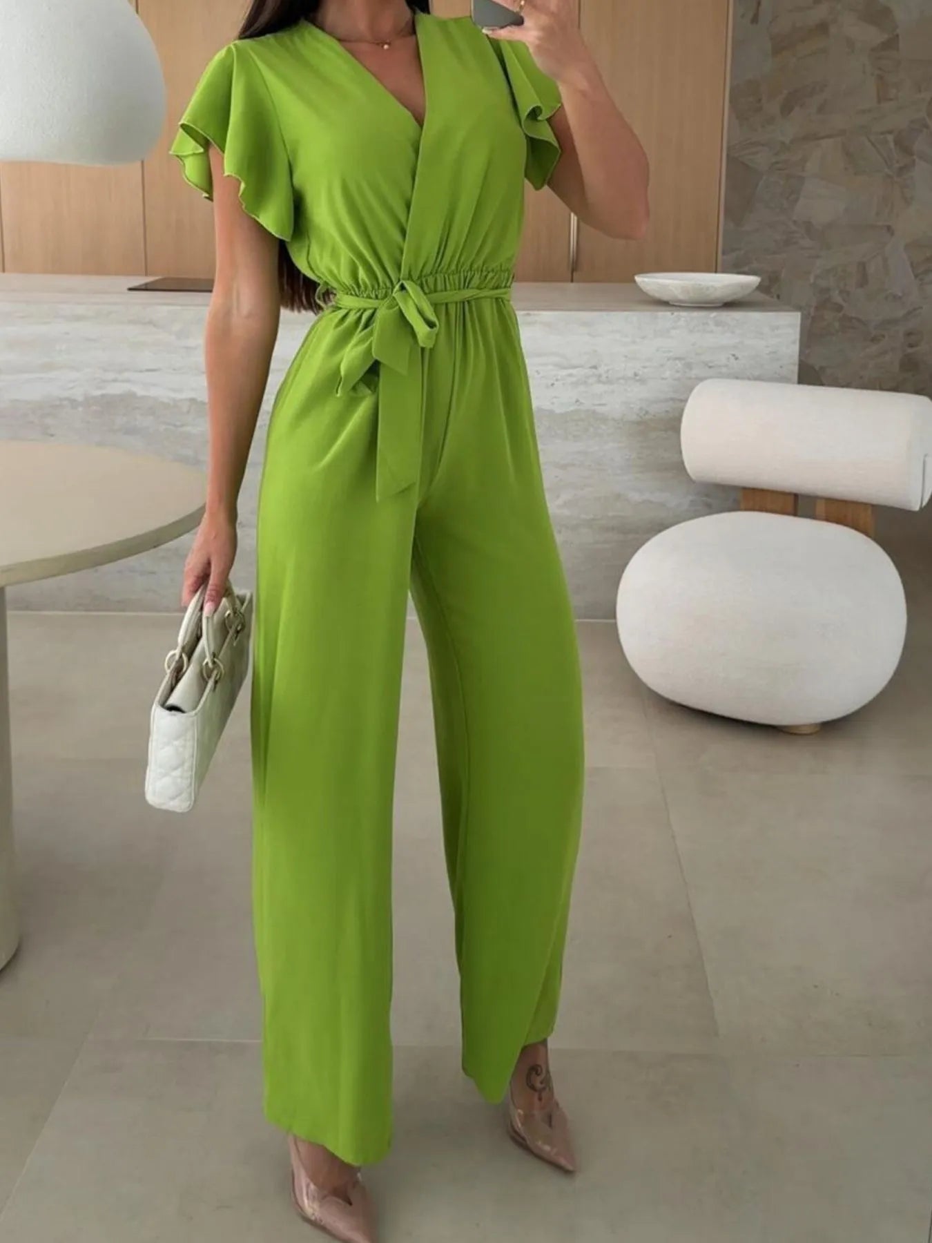 Surplice Wide Leg Belted Jumpsuit nicholesgifts