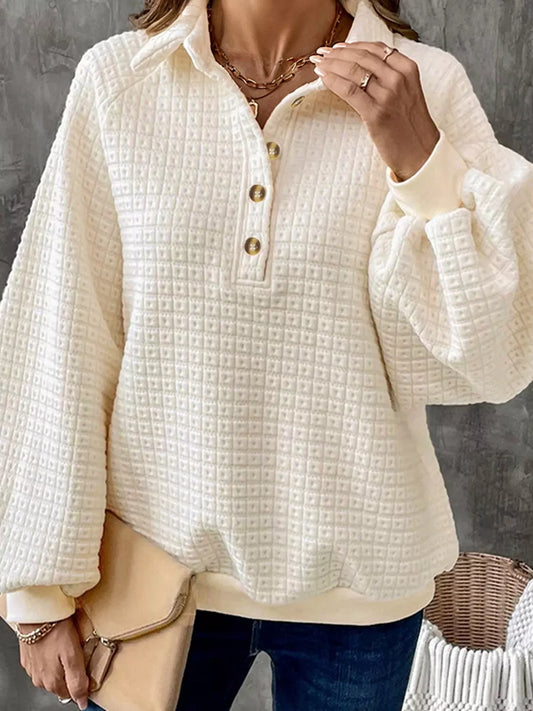 Textured Half Button Collared Sweatshirt nicholesgifts