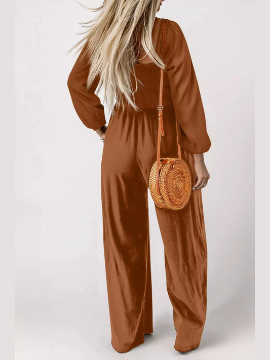 Boho Smocked Square Neck Wide Leg Jumpsuit nicholesgifts