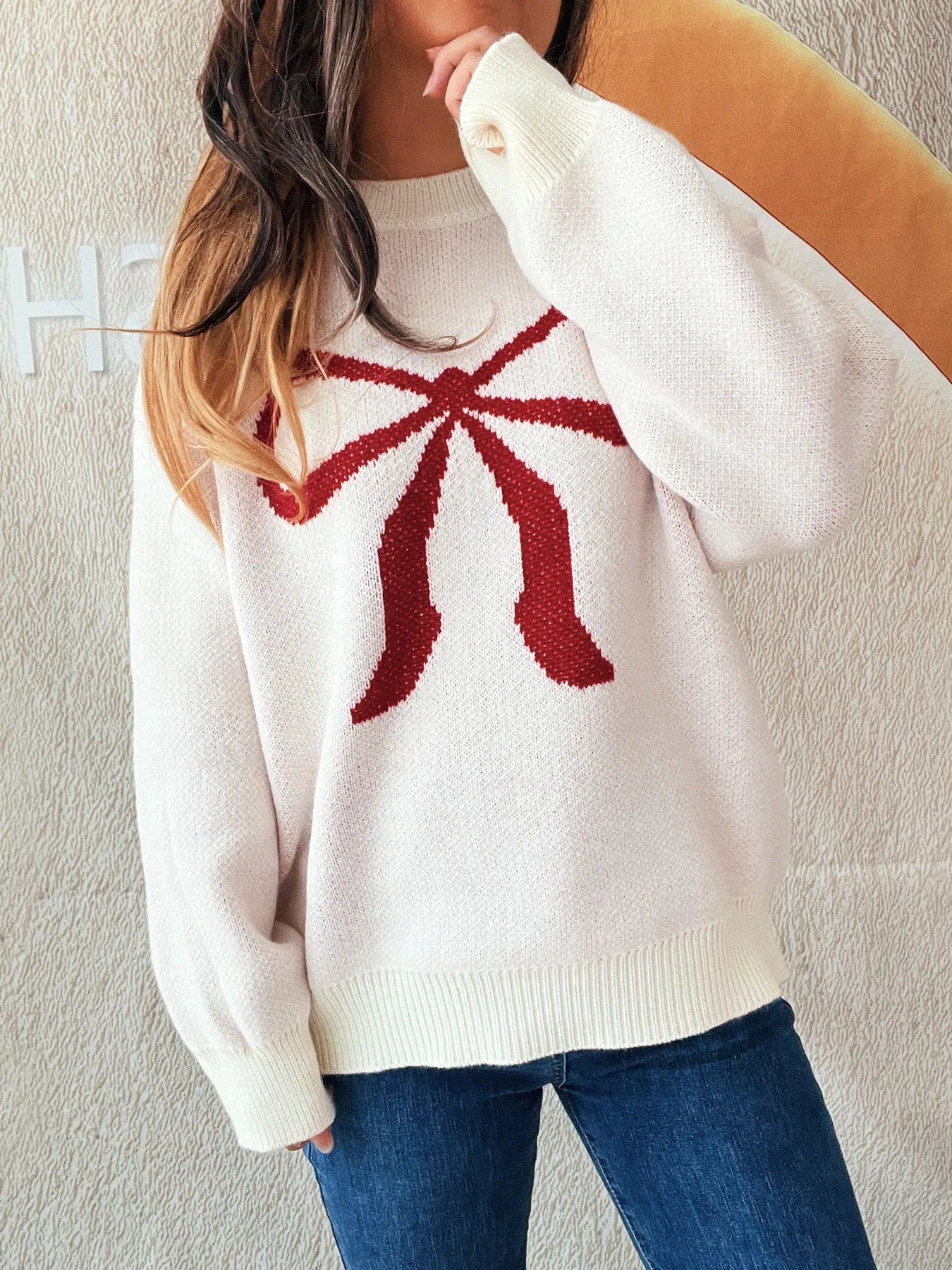 Bow Pattern Casual Long Sleeve Sweater