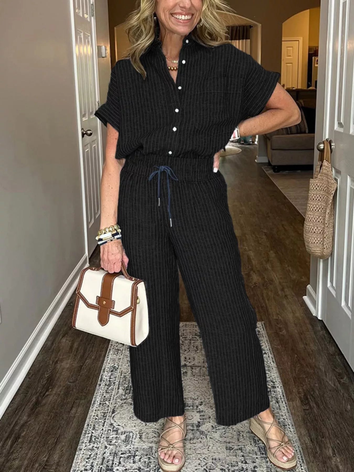 Full Size Striped Button-Up Shirt and Wide Leg Pants Casual Set Plus Size Trendsi