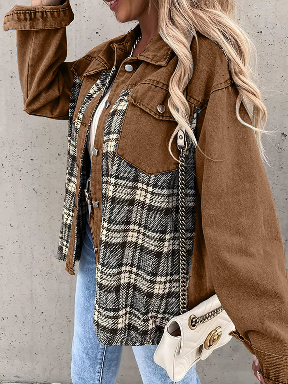Plaid Button Up Dropped Shoulder Jacket nicholesgifts