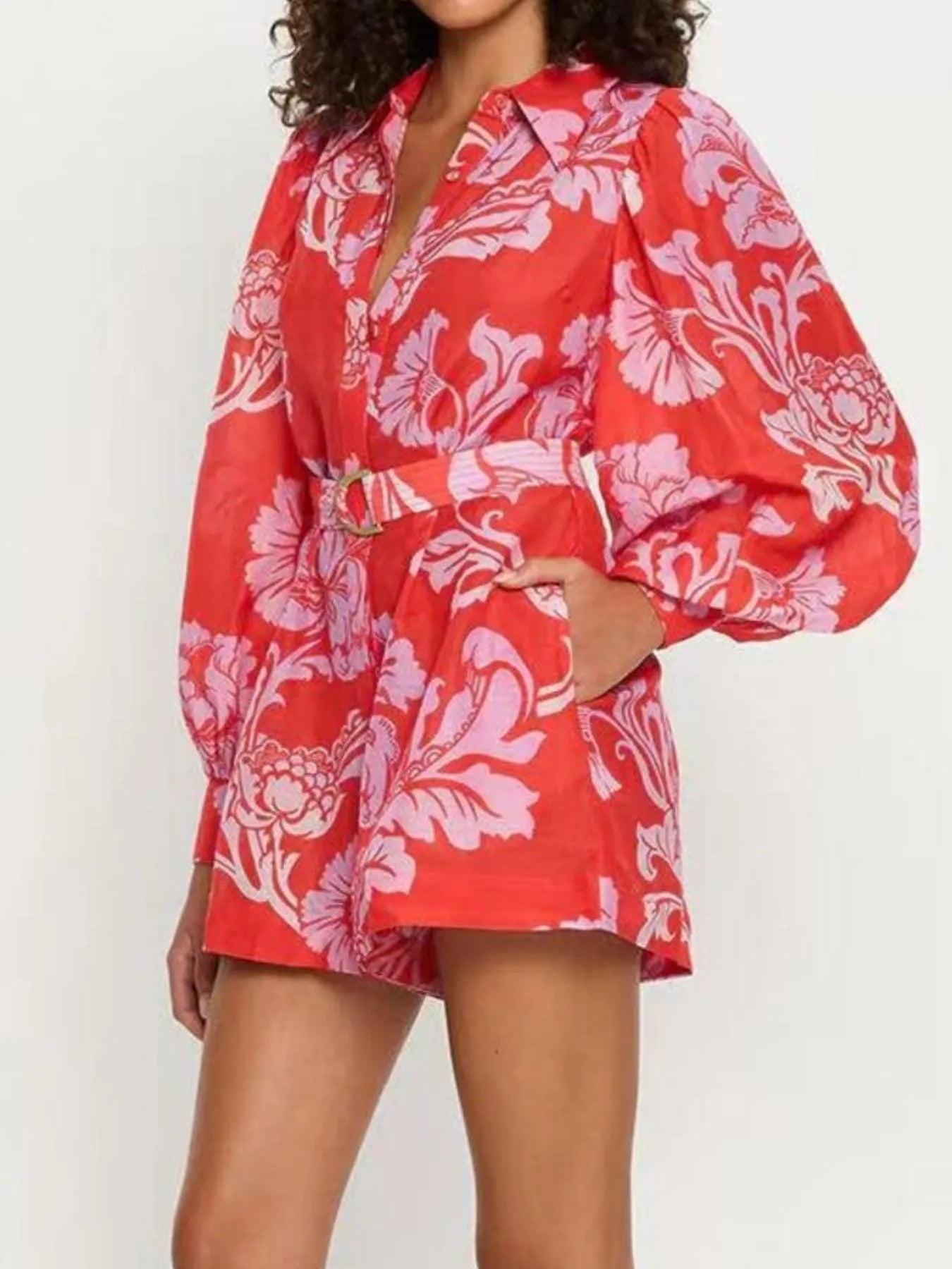 Printed Long Sleeve Belted Romper nicholesgifts