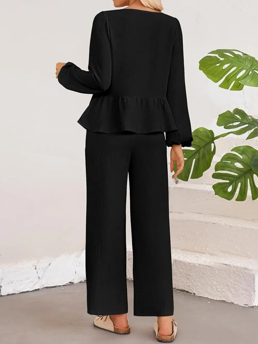 Tie Neck Balloon Sleeve Top and Pants Set nicholesgifts