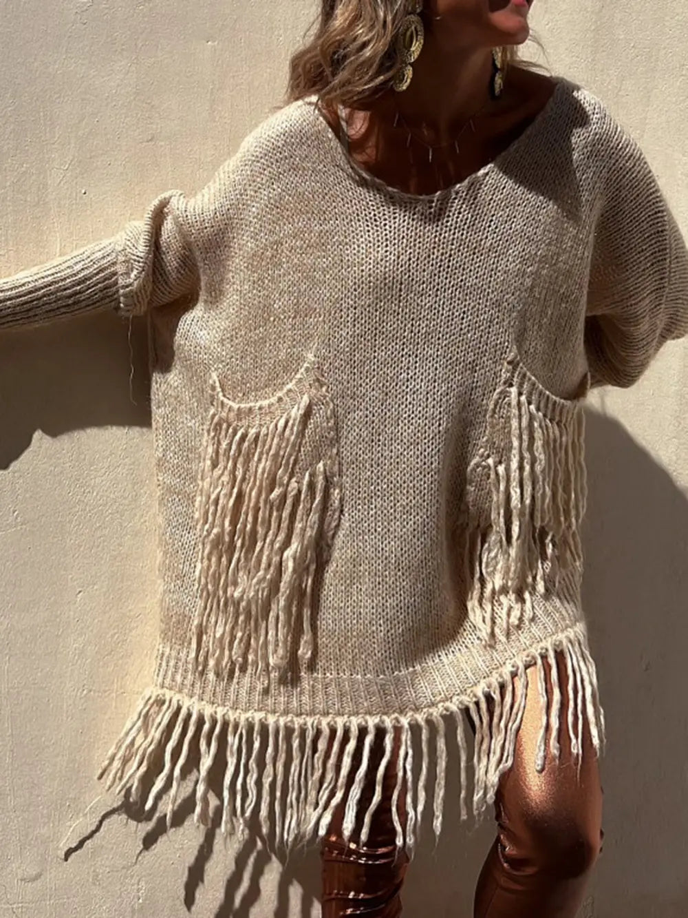 Fringe Detail Long Sleeve Sweater with Pockets Trendsi