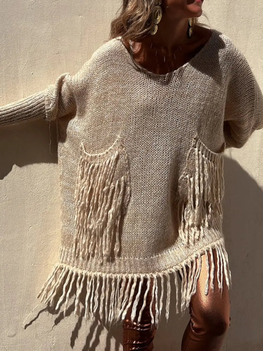 Fringe Detail Long Sleeve Sweater with Pockets Trendsi