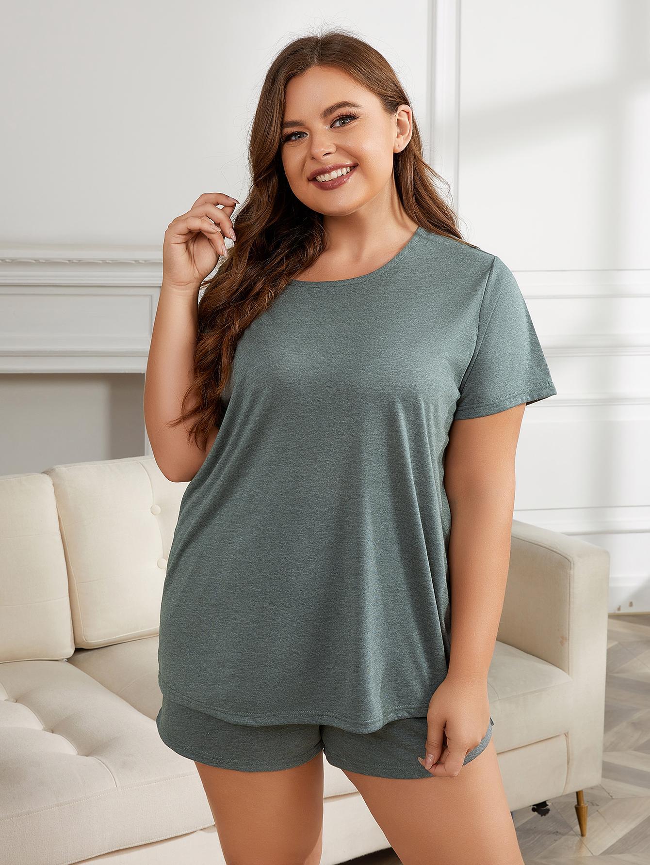 Plus Size Round Neck Short Sleeve Two-Piece Loungewear Set nicholesgifts