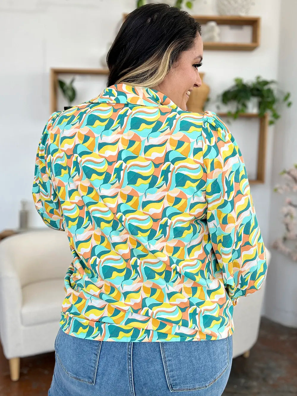 Double Take Full Size Printed Smocked Long Sleeve Blouse nicholesgifts