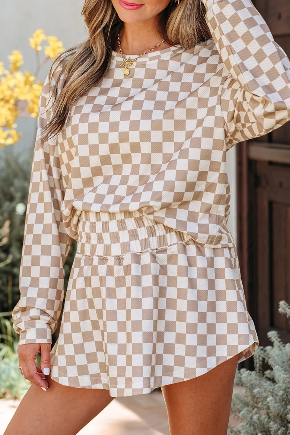 Checkered Long Sleeve Top and Skirt Two-Piece Set Trendsi