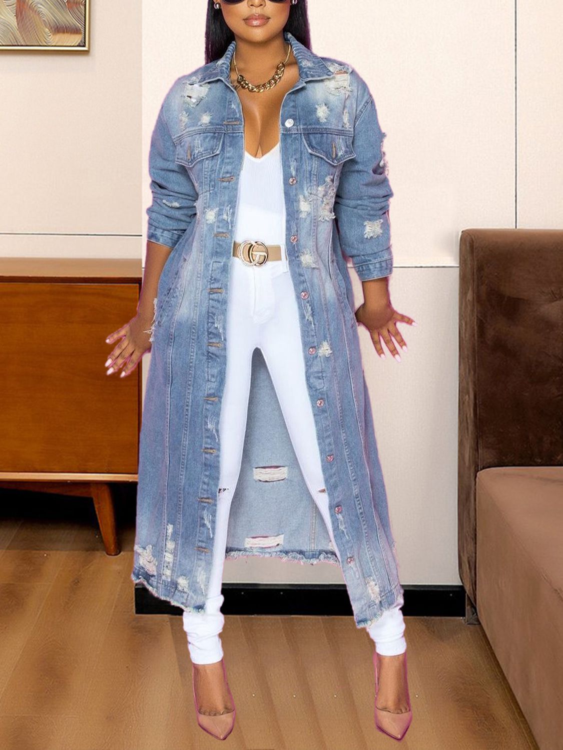 Long Sleeve Raw Hem Denim Jacket nicholesgifts