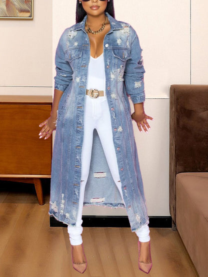 Long Sleeve Raw Hem Denim Jacket nicholesgifts