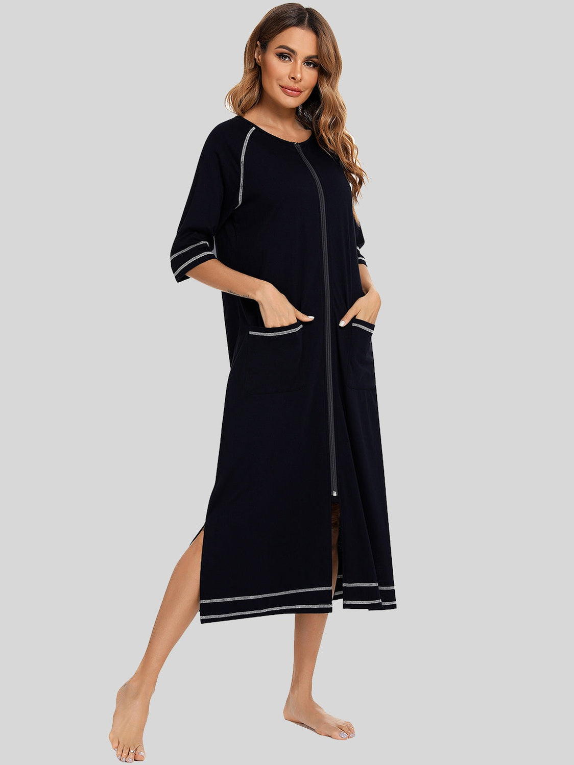 Zip Up Slit Round Neck Night Dress with Pockets nicholesgifts
