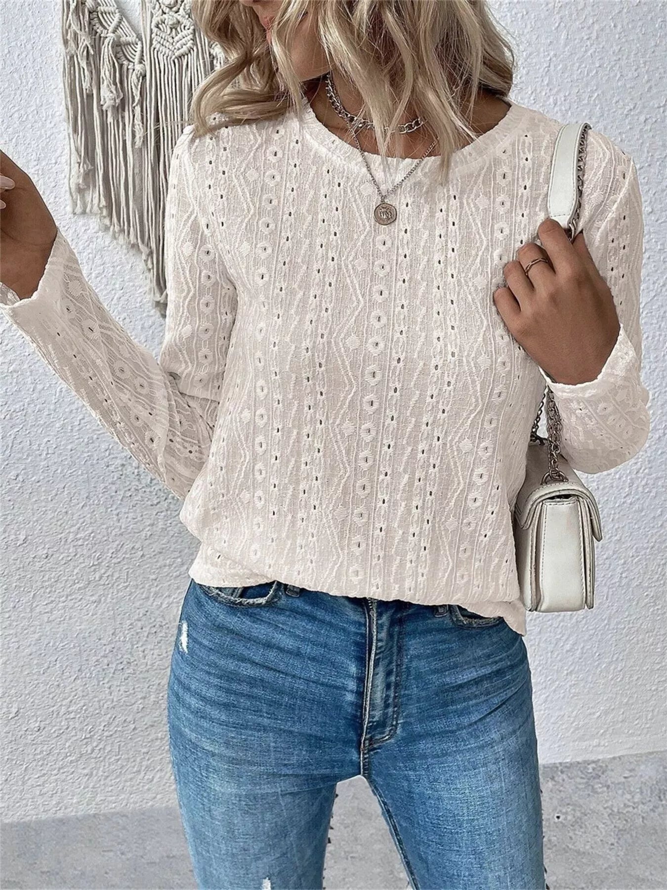 Full Size Eyelet Round Neck Long Sleeve Blouse Plus Size Trendsi