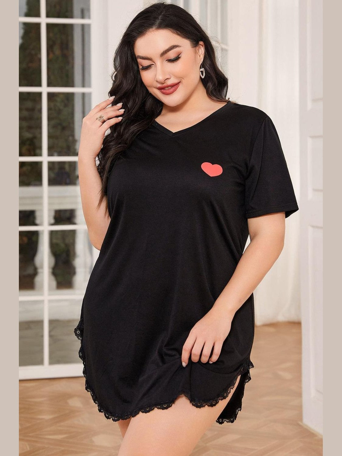 Plus Size Lace Trim V-Neck Short Sleeve Night Dress nicholesgifts