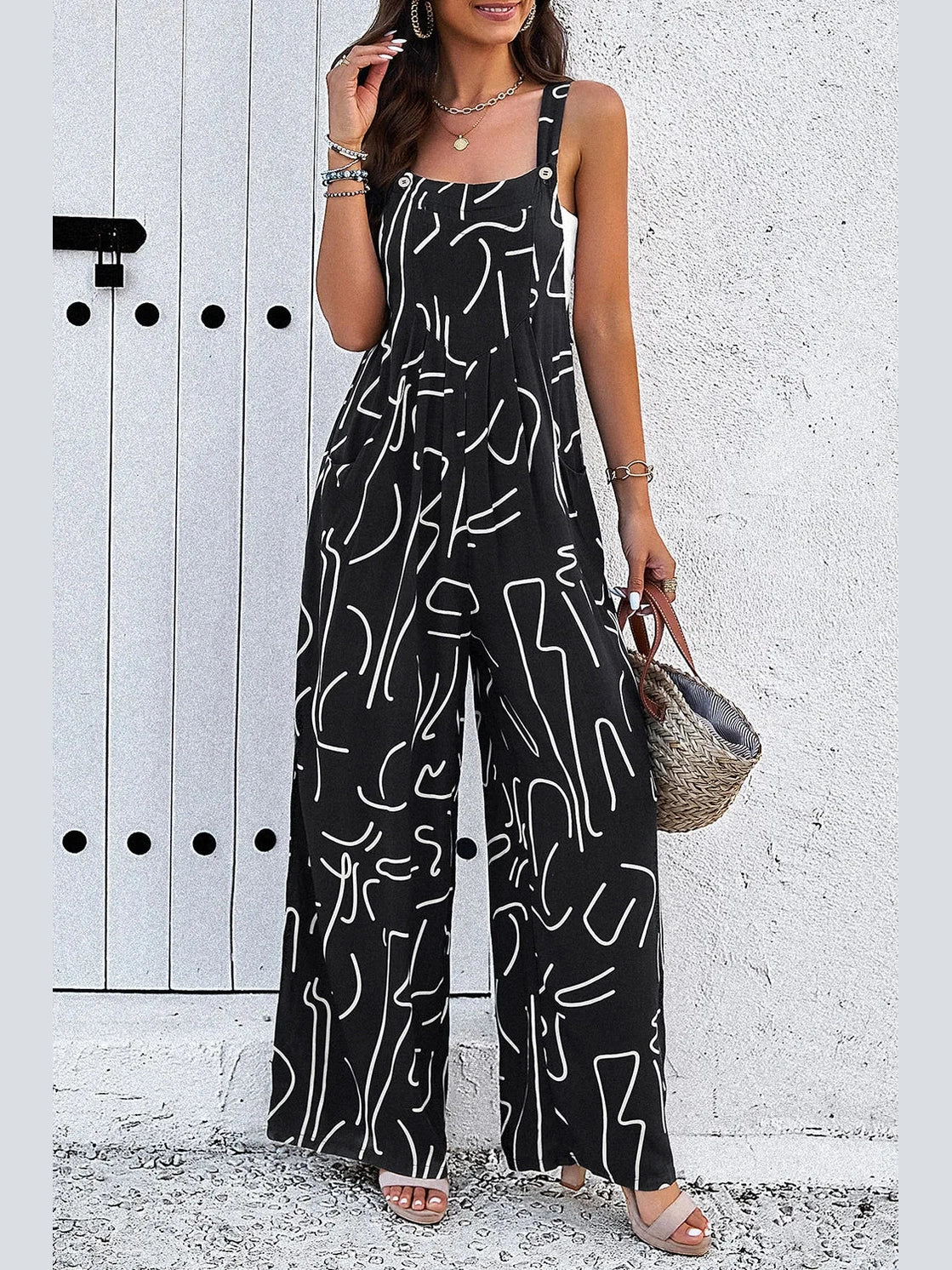 Devine Printed Wide Strap Jumpsuit with Pockets nicholesgifts