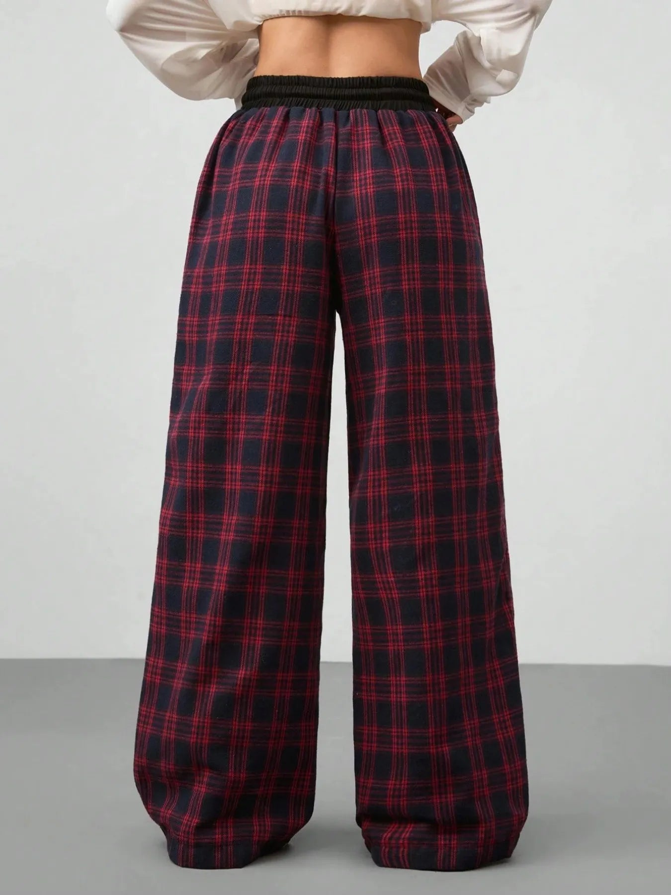 Plaid Wide Leg Pants with Drawstring Waist Trendsi