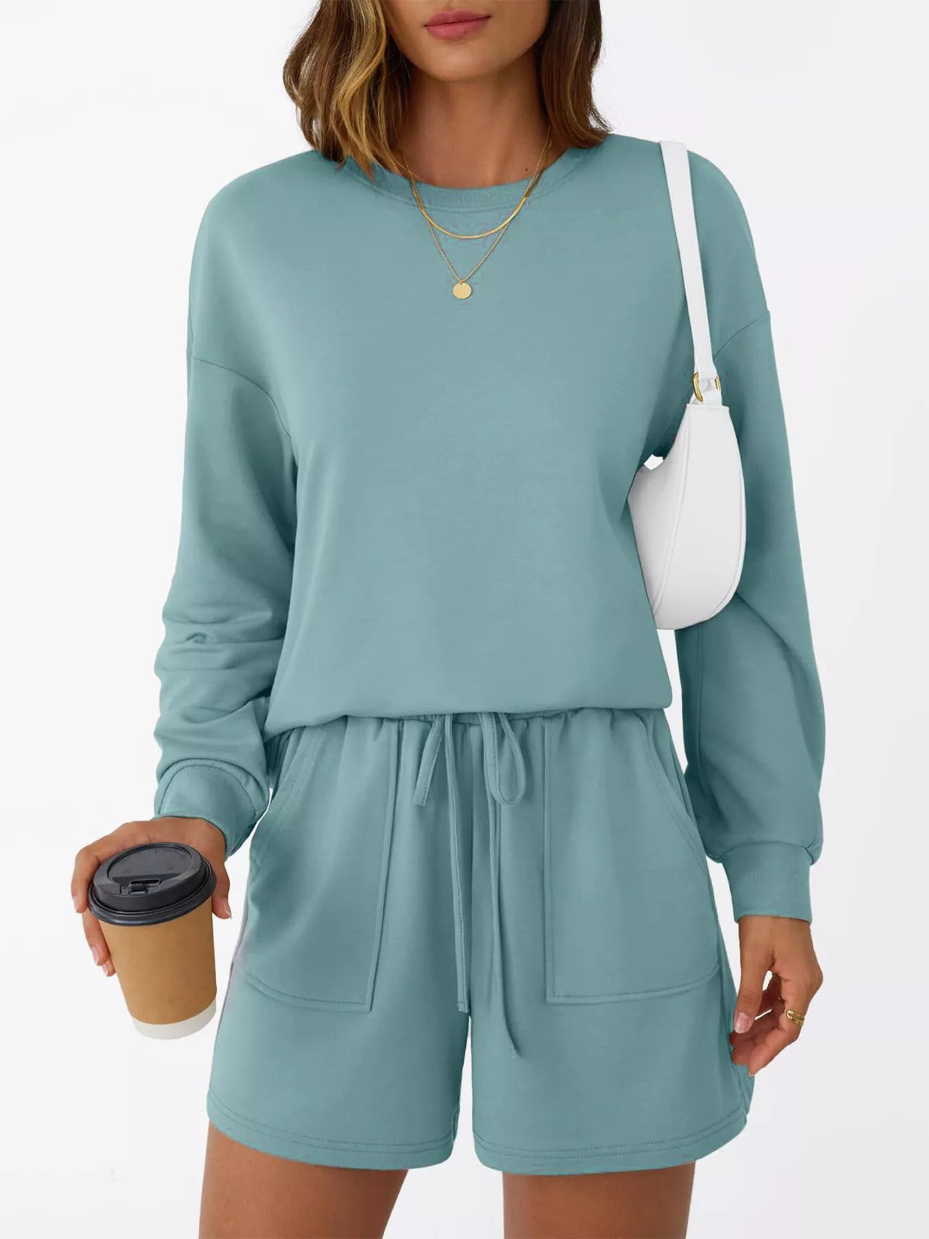 Round Neck Long Sleeve Top and Shorts Set Trendsi