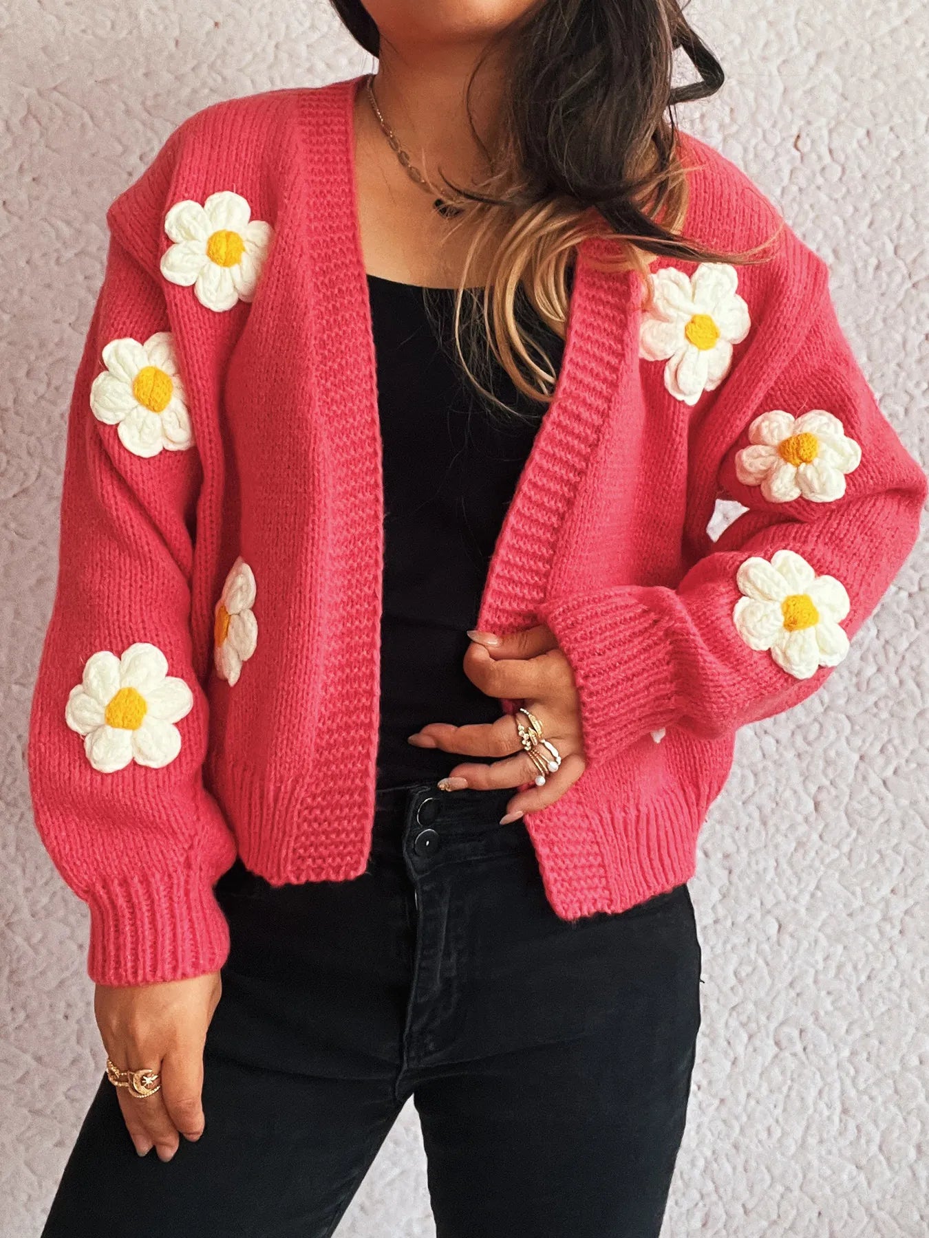 Flower Open Front Long Sleeve Cardigan