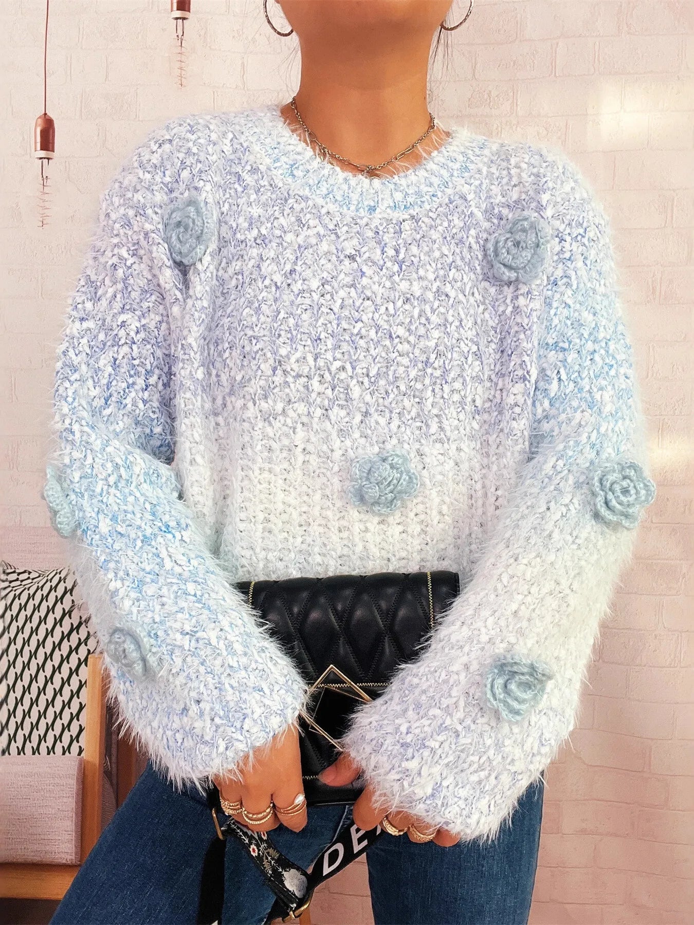Flower Embellished Round Neck Sweater