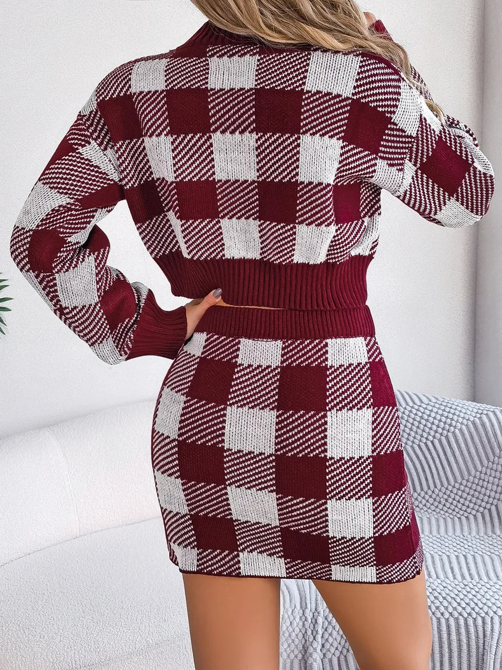 Plaid Round Neck Top and Skirt Sweater Set nicholesgifts