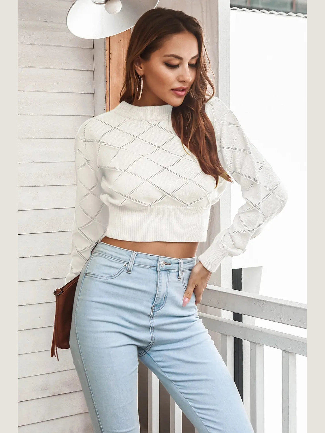 Openwork Plaid Round Neck Cropped Sweater Trendsi
