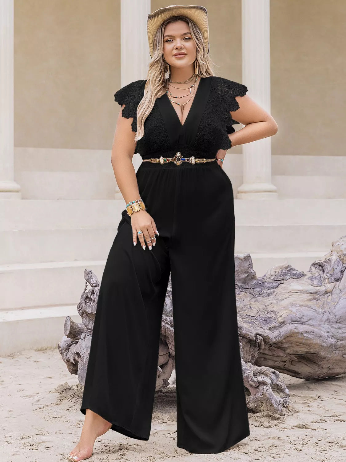Plus Size Lace Cap Sleeve Wide Leg Jumpsuit nicholesgifts
