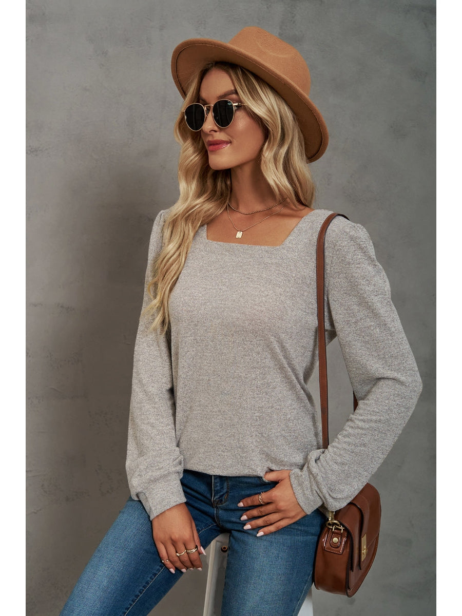 Women Heathered Square Neck Long Sleeve T-Shirt nicholesgifts