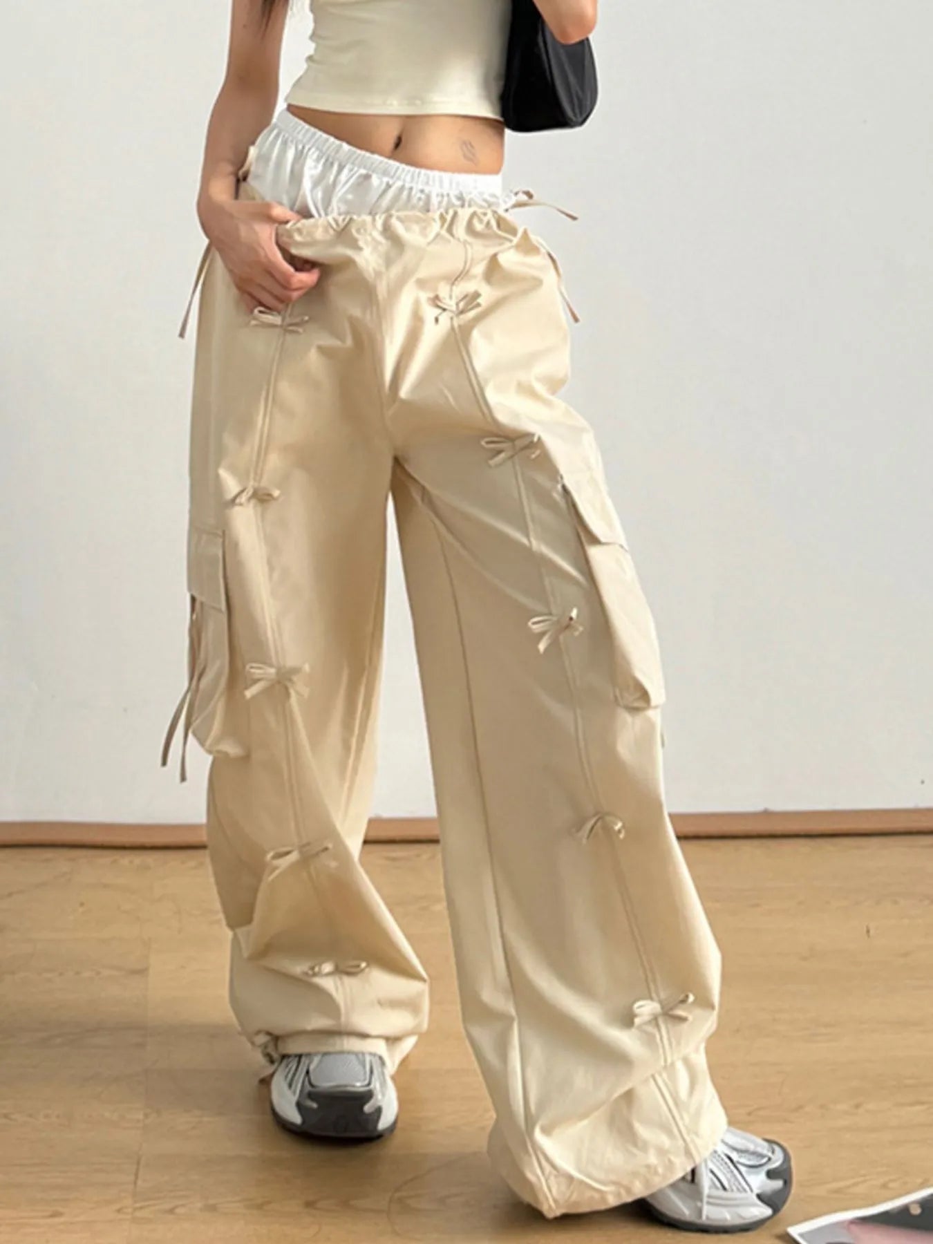 Women Bow Elastic Waist Cargo Pants nicholesgifts