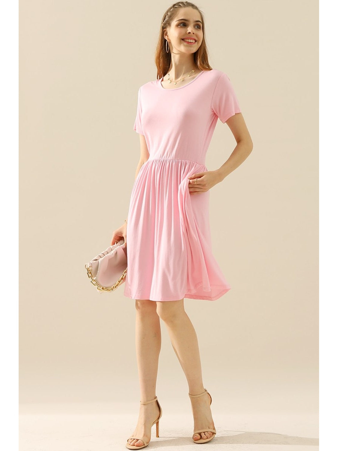 Ninexis Full Size Round Neck Ruched Dress with Pockets nicholesgifts