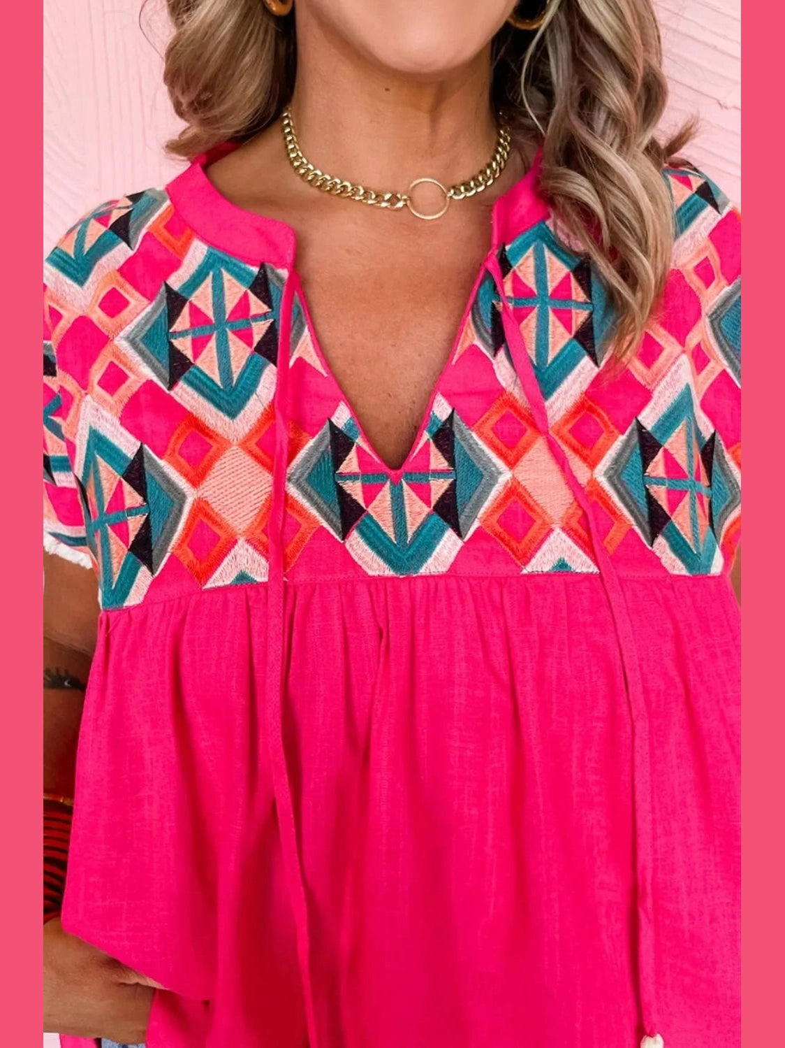 Geometric Embroidered Tassel Tie Neck Blouse NicholesGifts