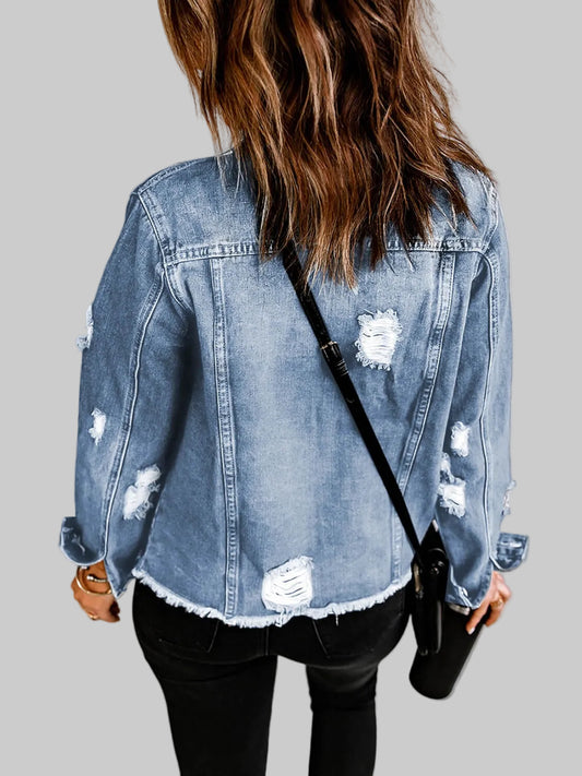 Distressed Raw Hem Denim Jacket nicholesgifts