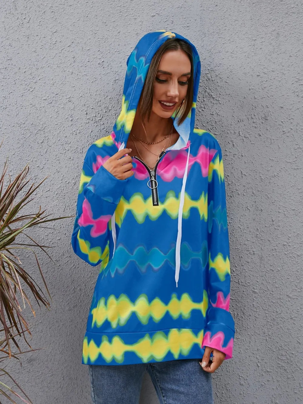 Contrast Quarter Zip Dropped Shoulder Hoodie Trendsi