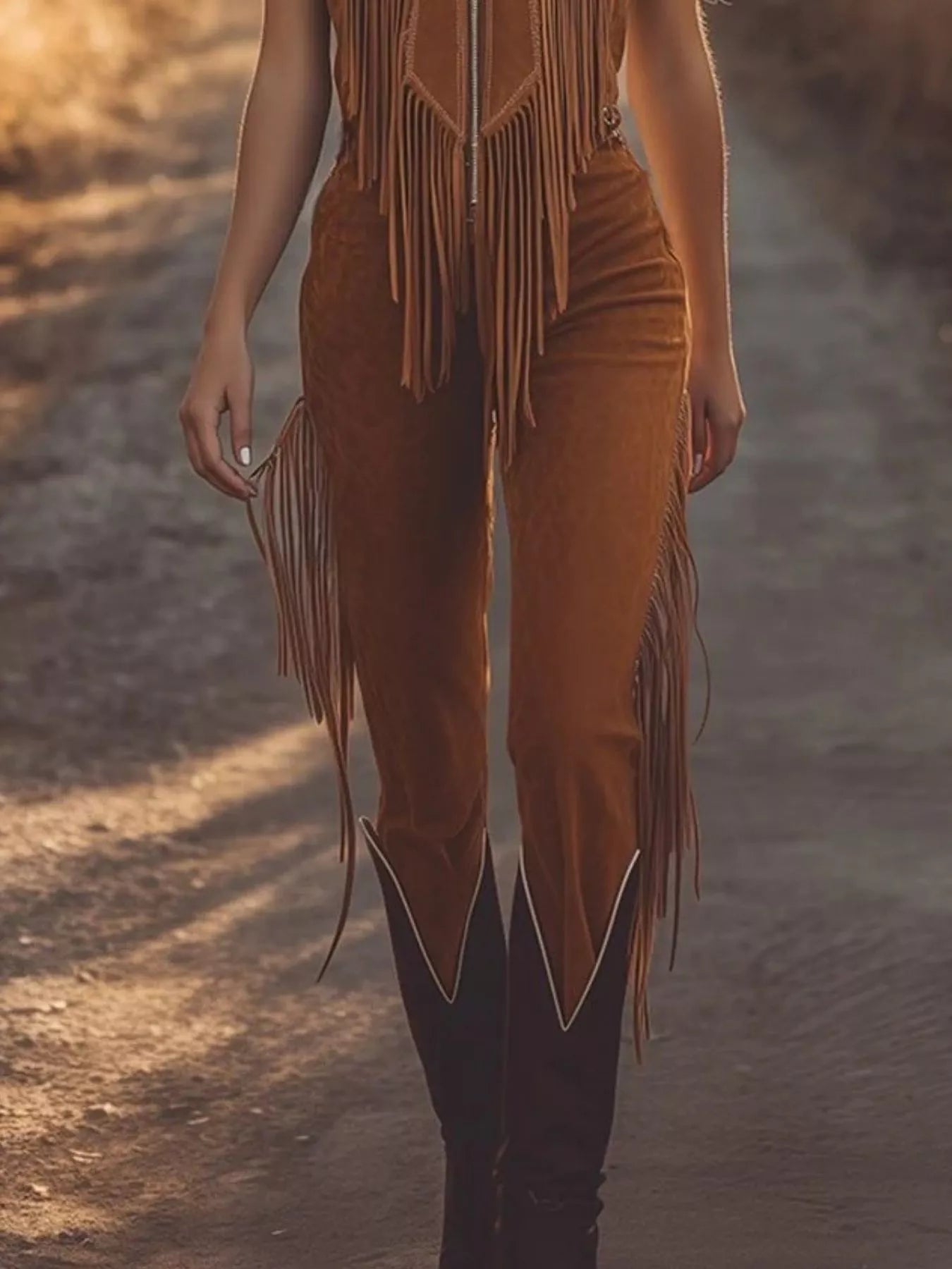 Western Style Fringe Zip Front Jumpsuit nicholesgifts