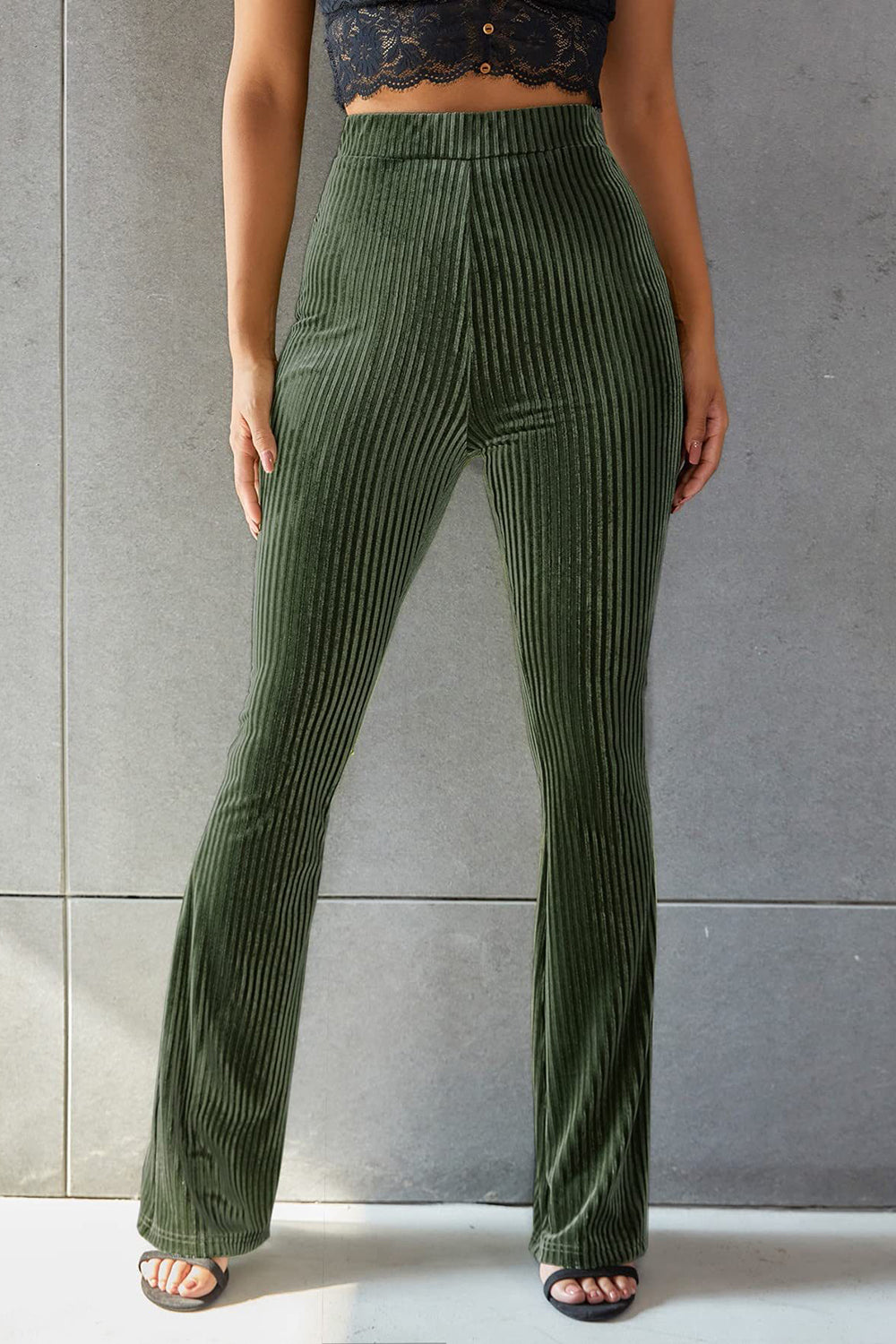 Women Ribbed High Waist Flare Pants nicholesgifts