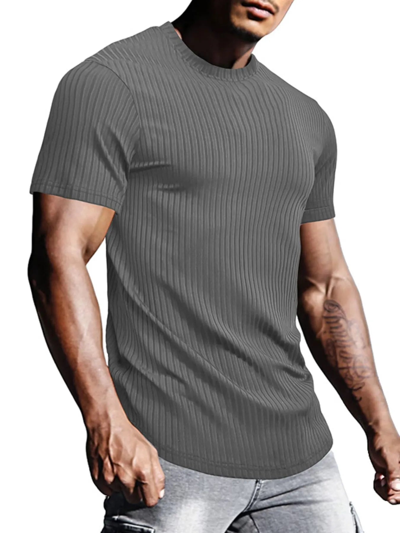 Men's Full Size Ribbed Knit Short Sleeve Round Neck T-Shirt Plus Size NicholesGifts