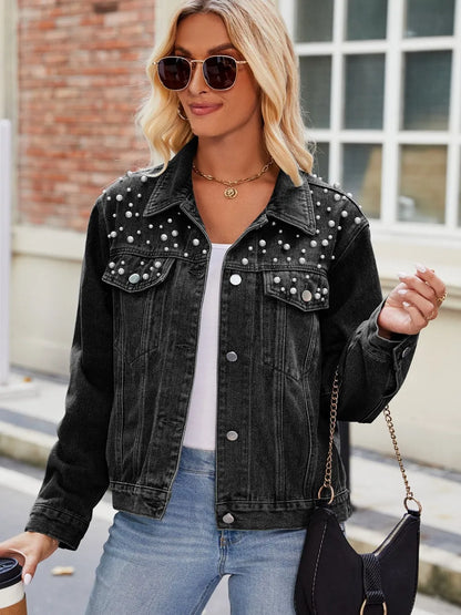 Pearl Detail Collared Neck Long Sleeve Denim Jacket nicholesgifts
