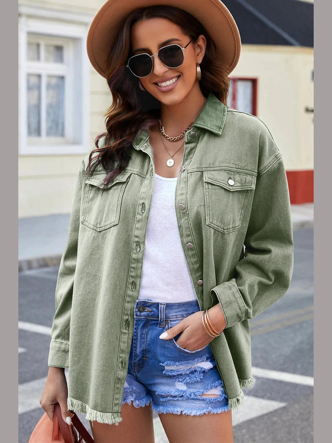 Button Up Pocketed Raw Hem Denim Jacket nicholesgifts