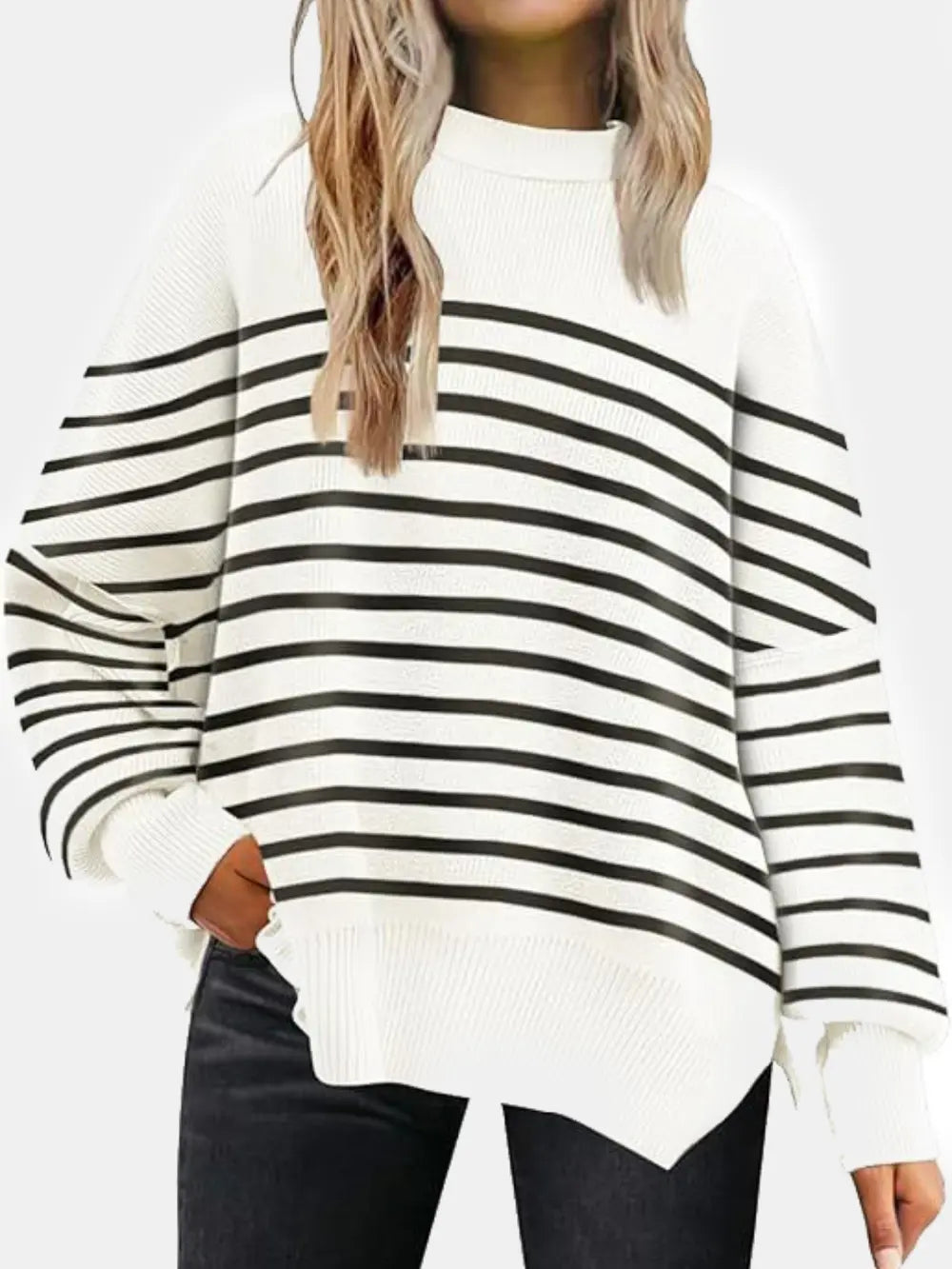 Round Neck Drop Shoulder Slit Sweater Trendsi