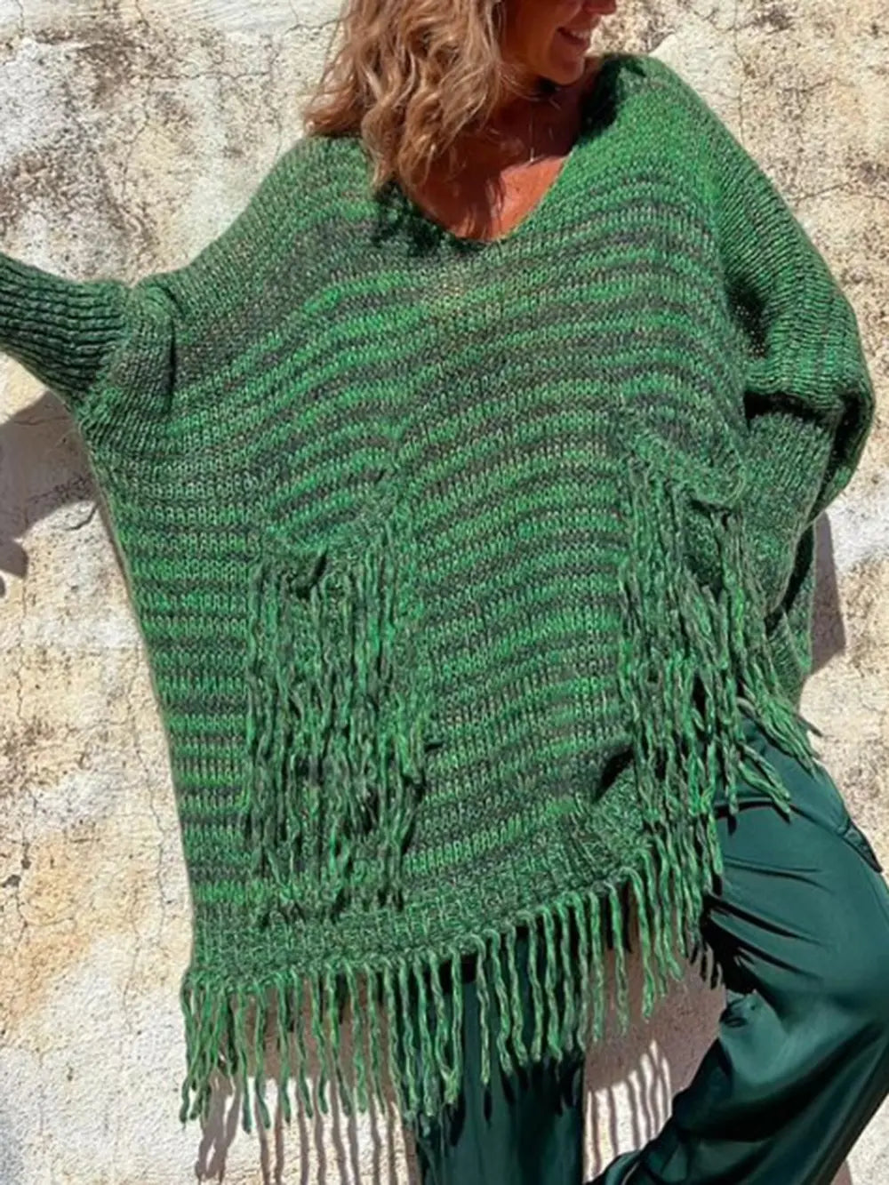 Fringe Detail Long Sleeve Sweater with Pockets Trendsi
