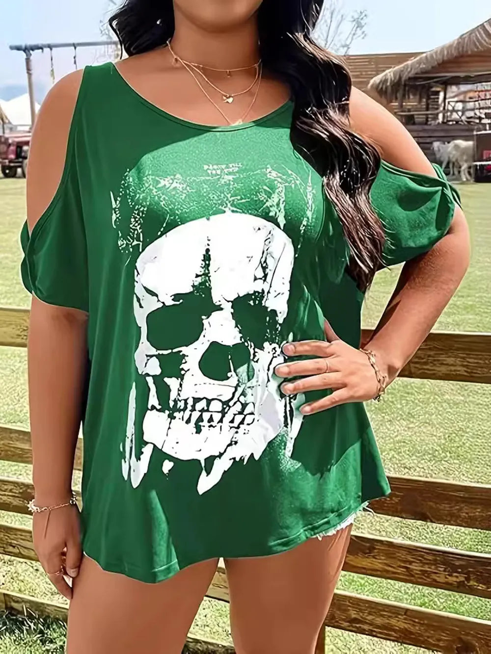 Plus Size Skeleton Graphic Round Neck Cold Shoulder T-Shirt NicholesGifts
