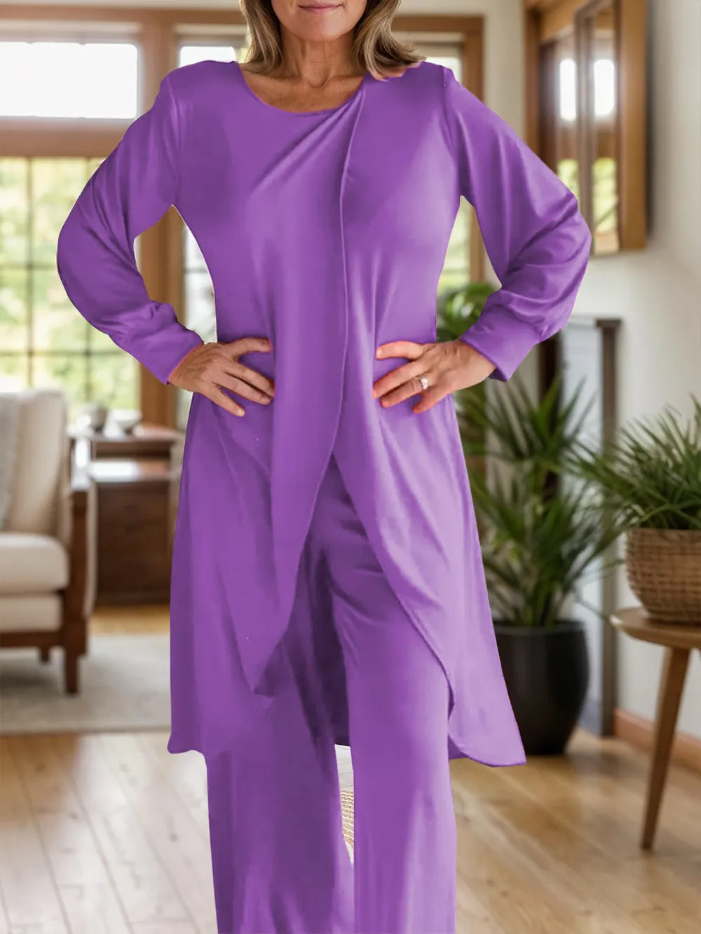 Full Size Slit Round Neck Long Sleeve Top and Pants Set Trendsi