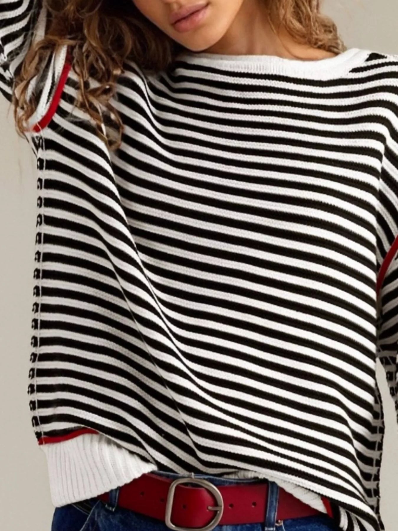 Striped Round Neck Long Sleeve Sweater Trendsi