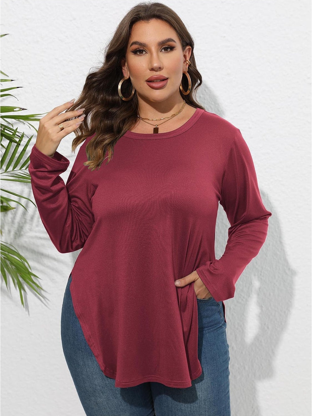 Women Plus Size Round Neck Long Sleeve Slit T-Shirt nicholesgifts