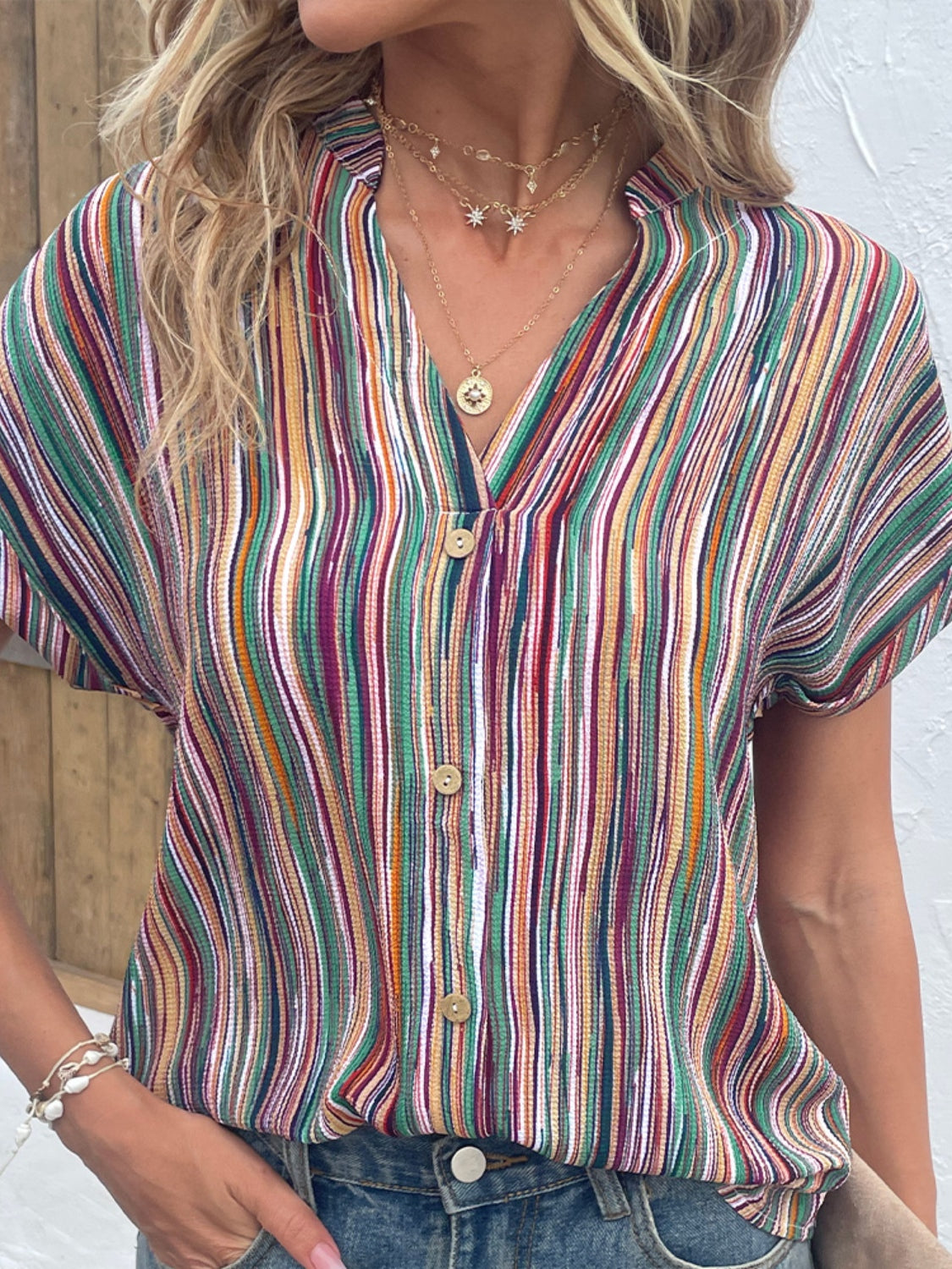 Striped Notched Short Sleeve Blouse nicholesgifts