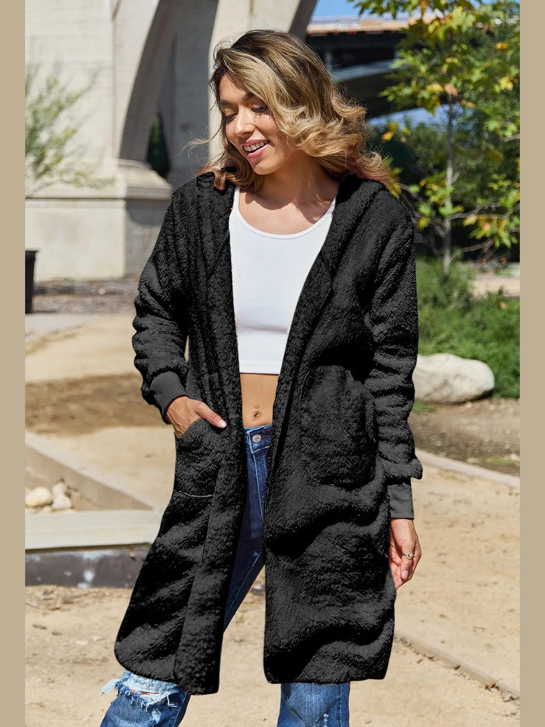 Double Take Full Size Hooded Teddy Bear Jacket with Thumbholes nicholesgifts