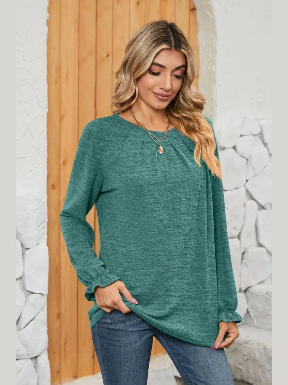 Ruched Round Neck Flounce Sleeve T-Shirt NicholesGifts