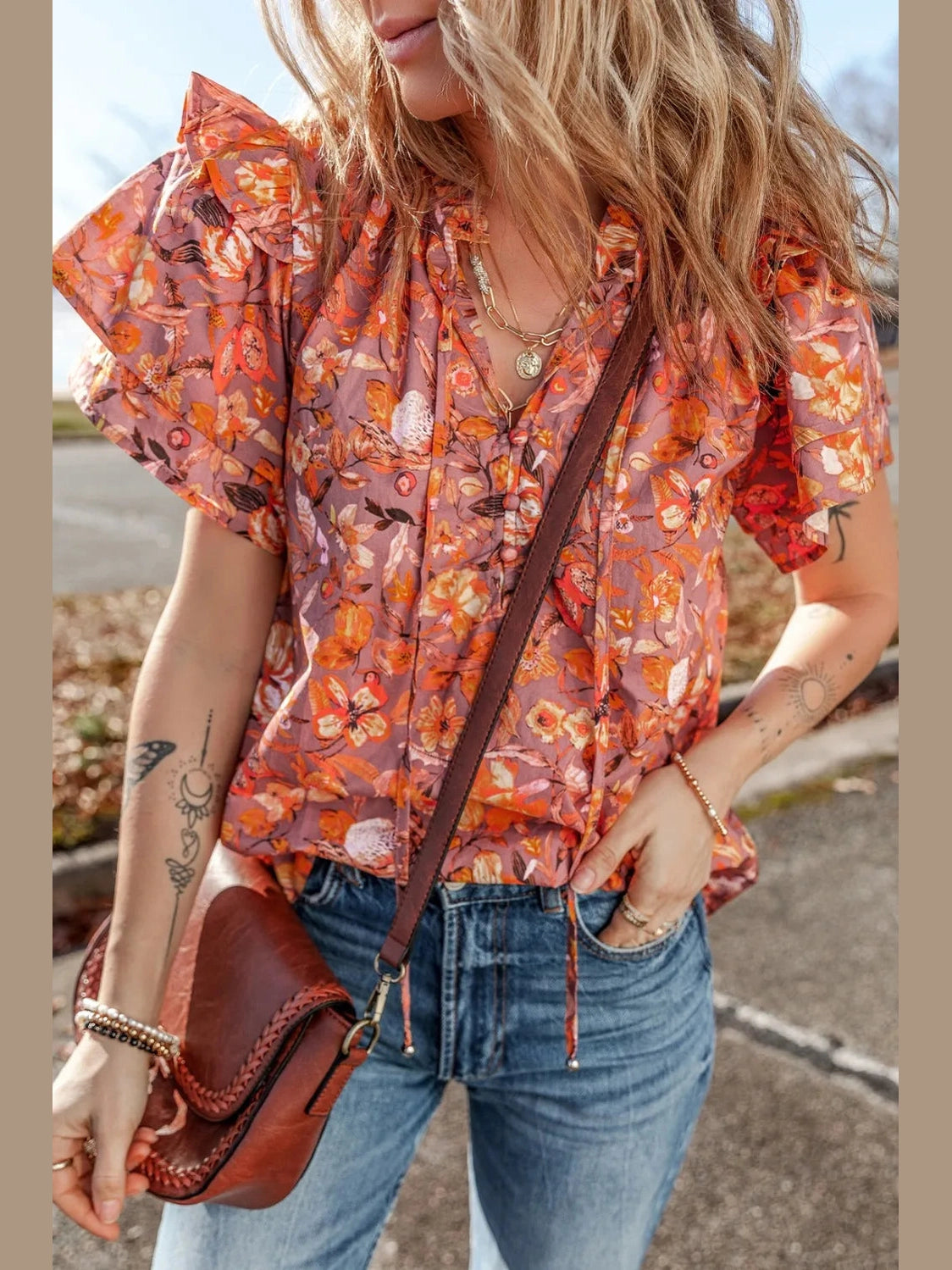 Floral Ruffled Layered Short Sleeve Tie Neck Blouse NicholesGifts