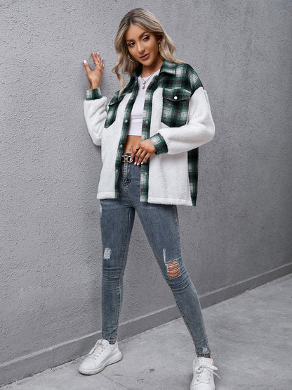 Ivy Lane Plaid Collared Neck Button Down Jacket nicholesgifts