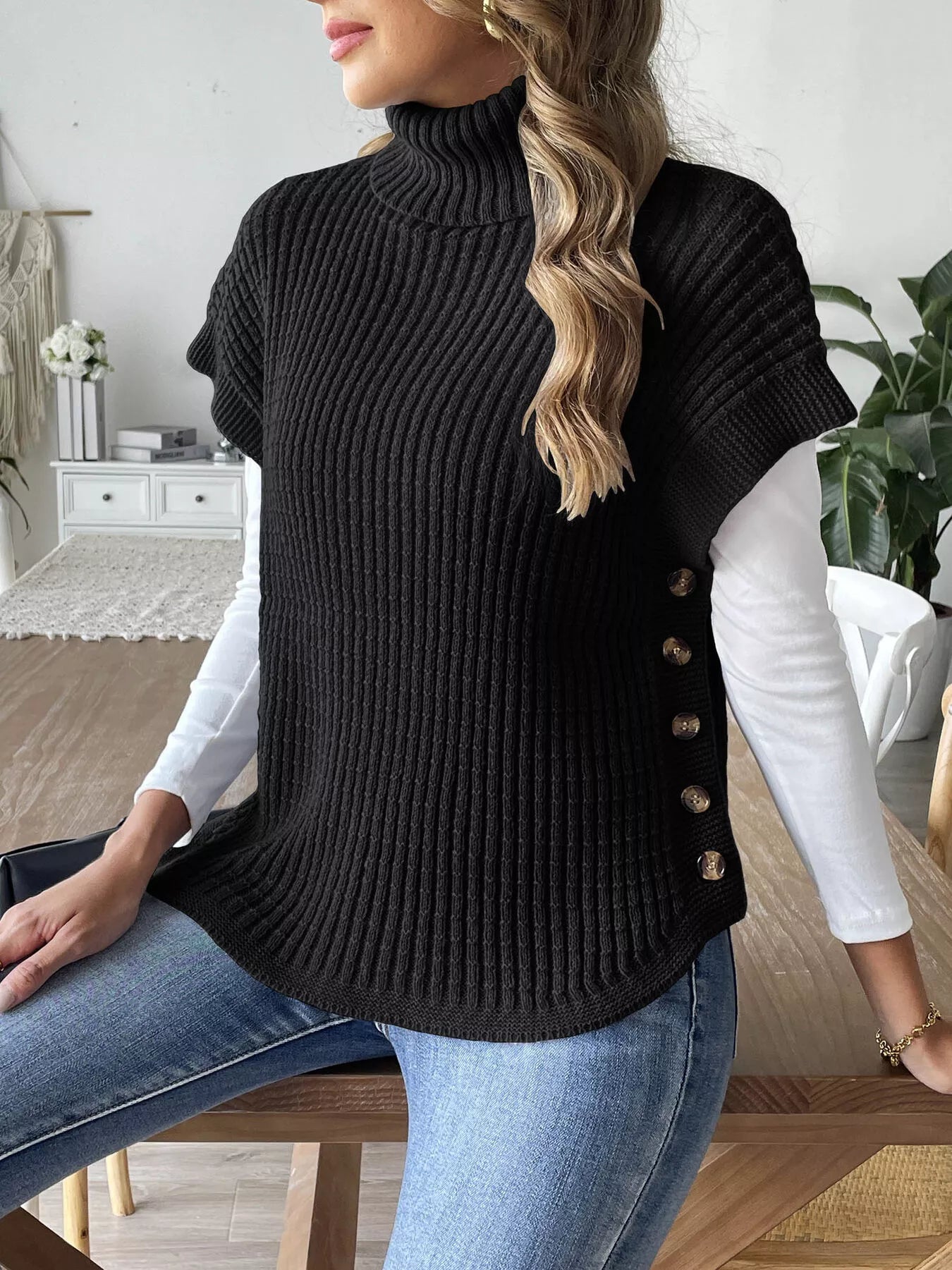 Turtleneck Side Decor Button Sweater Vest nicholesgifts